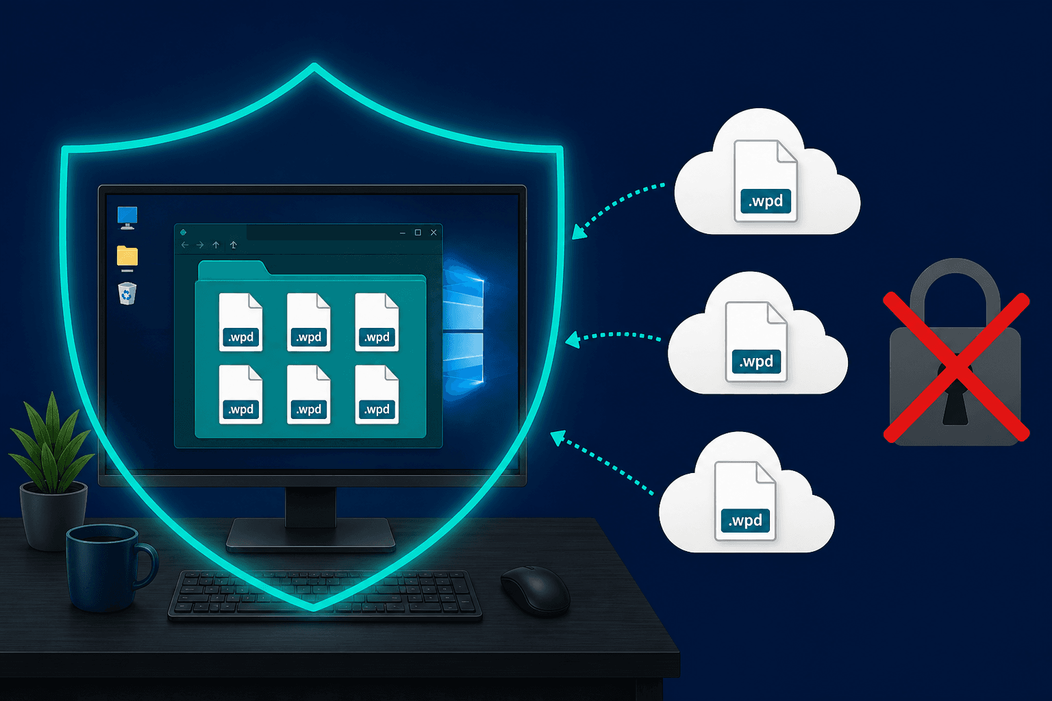 Local Windows PC with .wpd files behind a shield, versus cloud uploads marked insecure